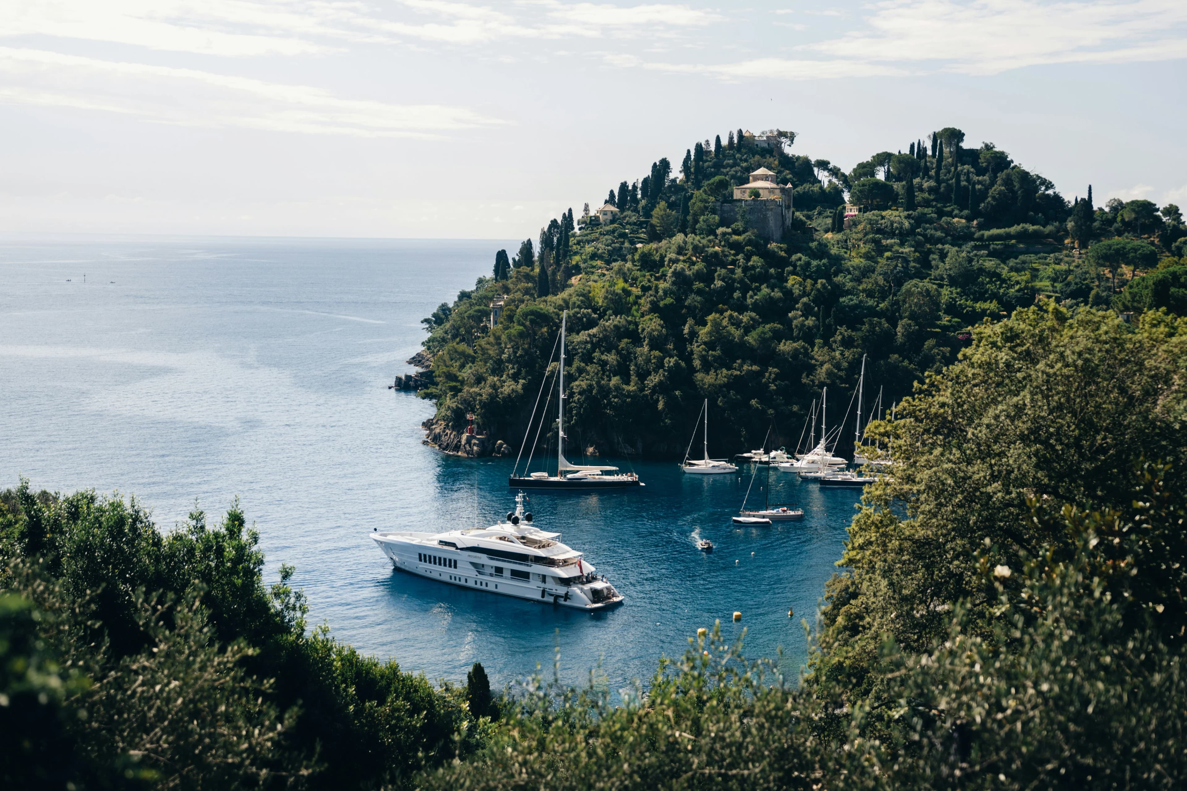 Boat anchored in a secluded bay